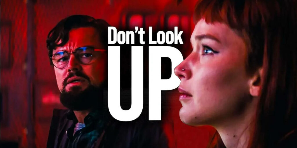 Vibrant *Don't Look Up* Wallpaper: Bold Red-Toned Character Expressions