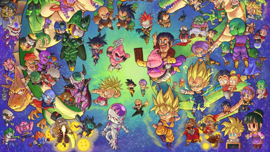 Vibrant Dragon Ball Z Doodle: Miniature Heroes and Villains Unleashed in an Animated World! Wallpaper