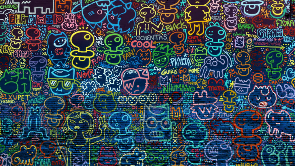 Whimsical Wordplay: A Vibrant Tapestry of Doodles and Cartoons Wallpaper
