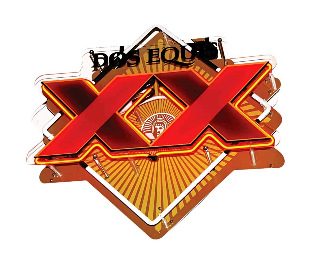 Dos Equis Beer neon sign with red orange XX on bright yellow vintage bar decor wallpaper background