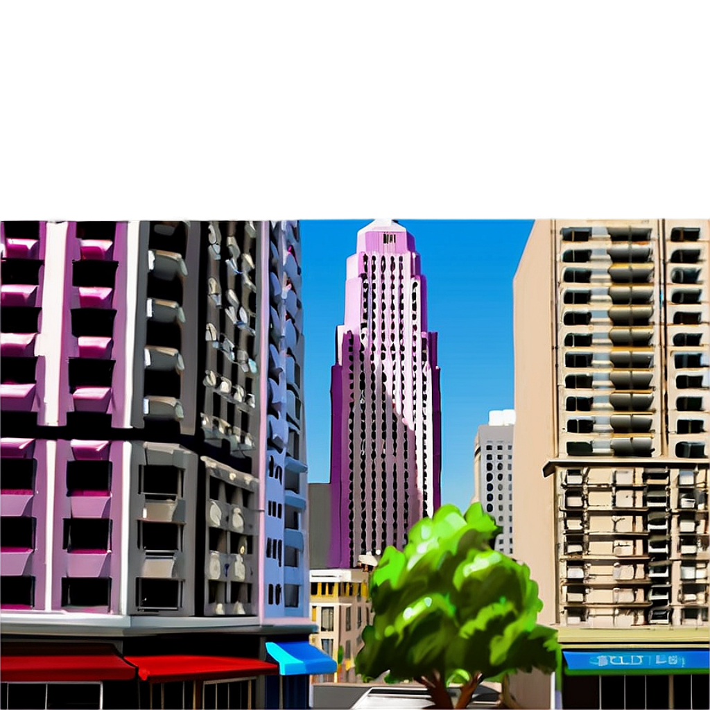 Urban Charm: Vibrant Downtown Landscape Wallpaper with Modern Architecture