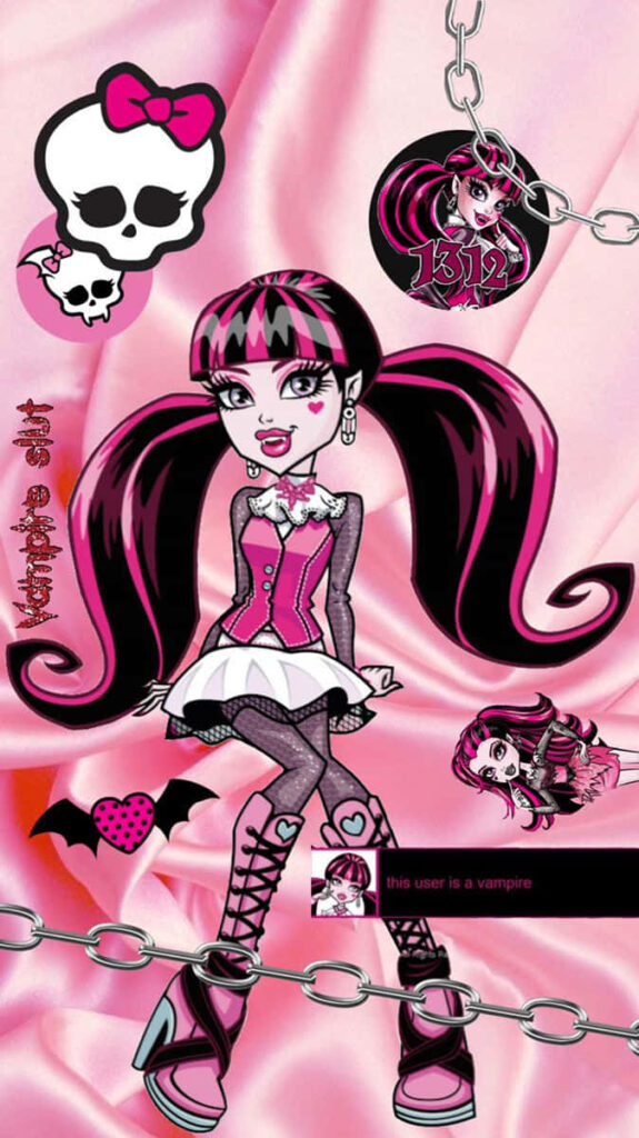 Draculaura Monster High wallpaper with pink black pigtails gothic outfit skulls bats background