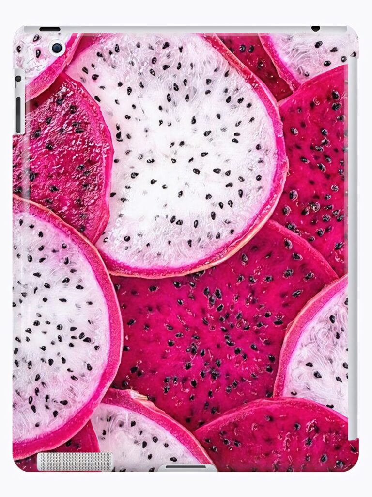 Close-up of vibrant dragonfruit slices with magenta white hues and black seeds tropical texture background Wallpaper