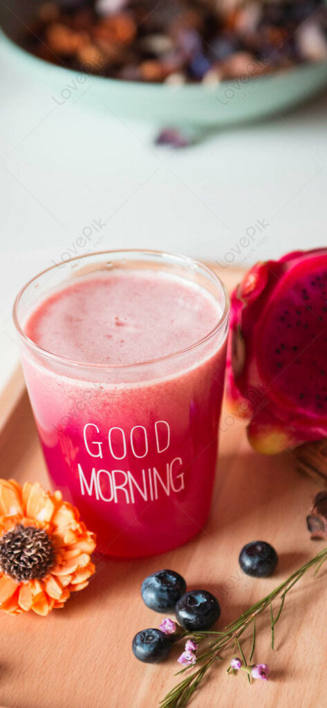 Vibrant Good Morning Dragonfruit Milkshake Wallpaper with Blueberries
