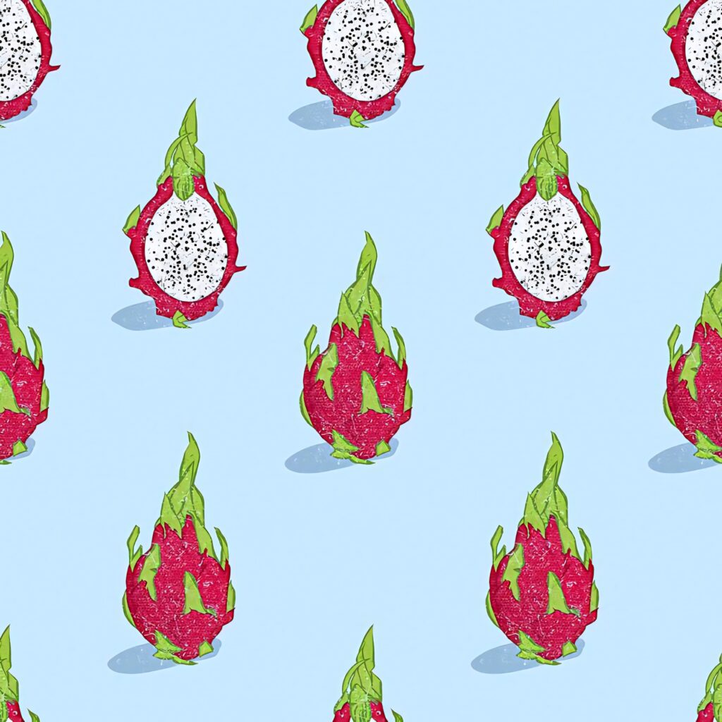 Hand-drawn dragonfruit pattern vibrant pink green tropical wallpaper on soft baby blue background