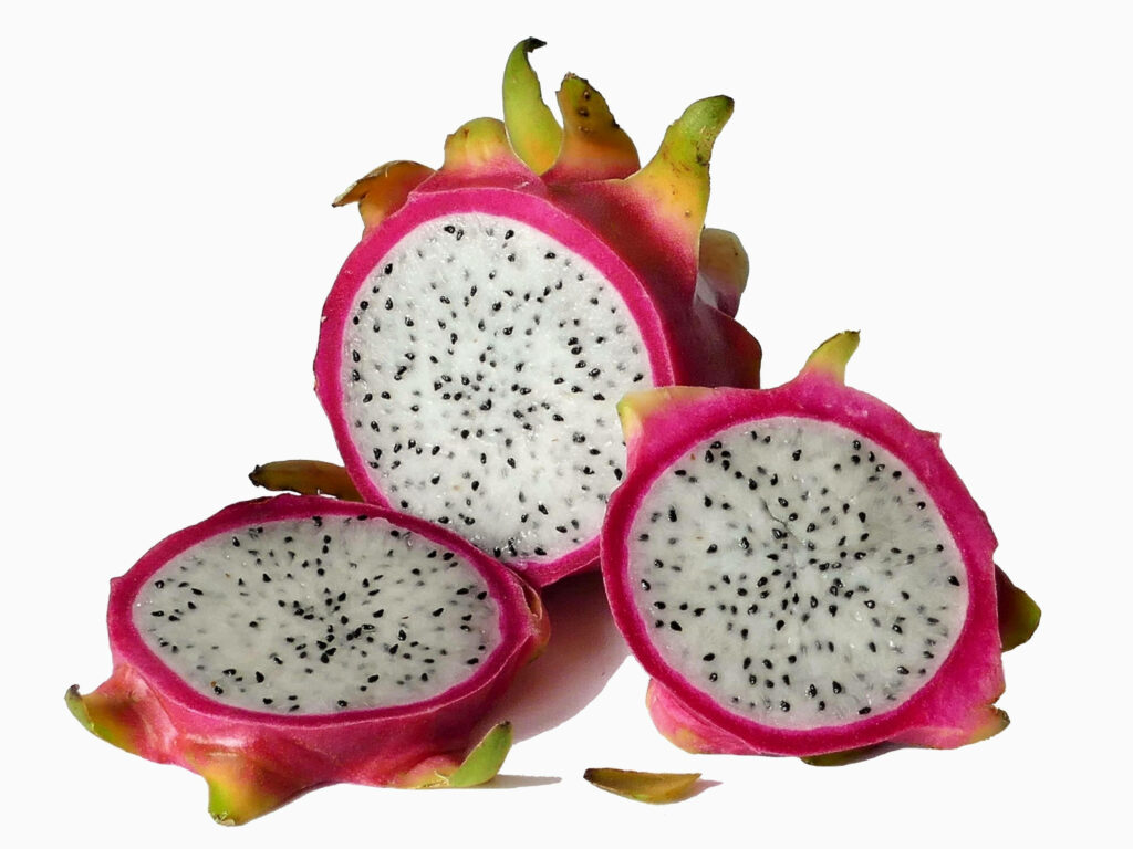 Vibrant Dragonfruit Wallpaper: Fresh Slices on White Background