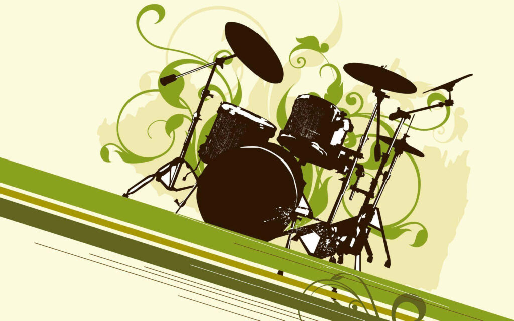 Silhouetted drum set with green swirls and abstract lines on beige artistic music wallpaper background