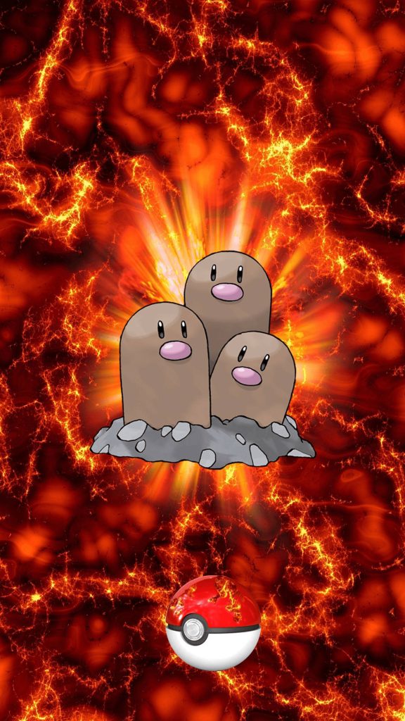 Dugtrio with glowing fiery red background and classic Poké Ball vibrant Pokémon wallpaper