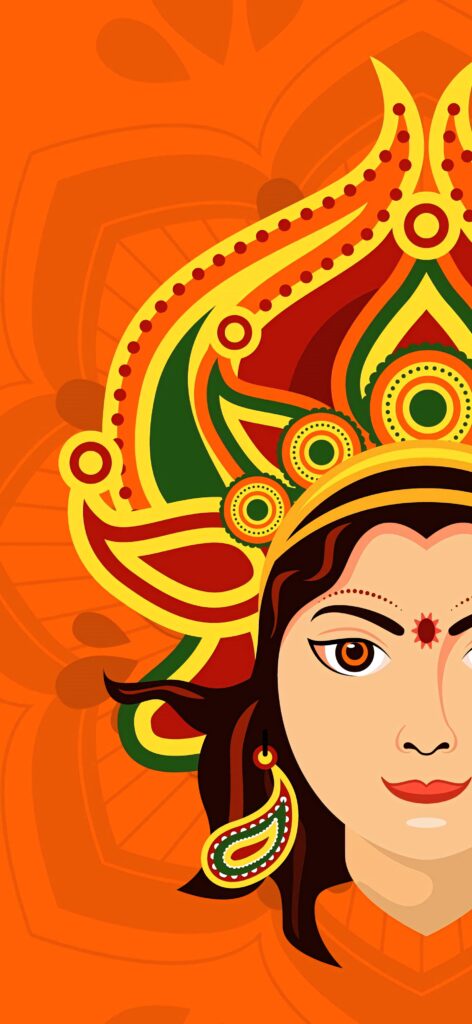 Vibrant Durga Devi illustration with bold reds yellows greens intricate patterns serene goddess face Wallpaper