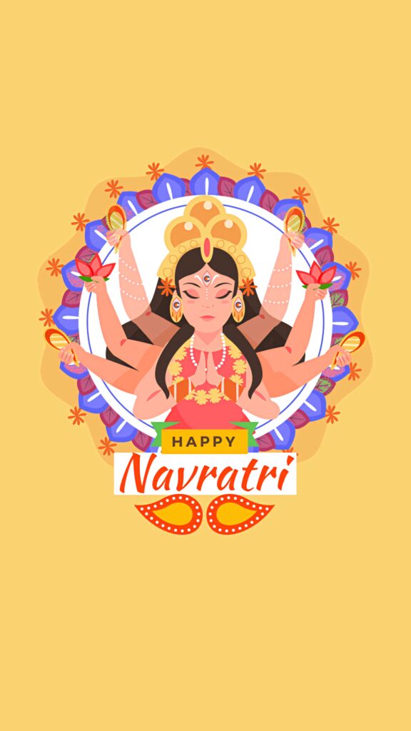 Durga Devi with multiple arms vibrant Navratri wallpaper colorful mandala festive yellow red