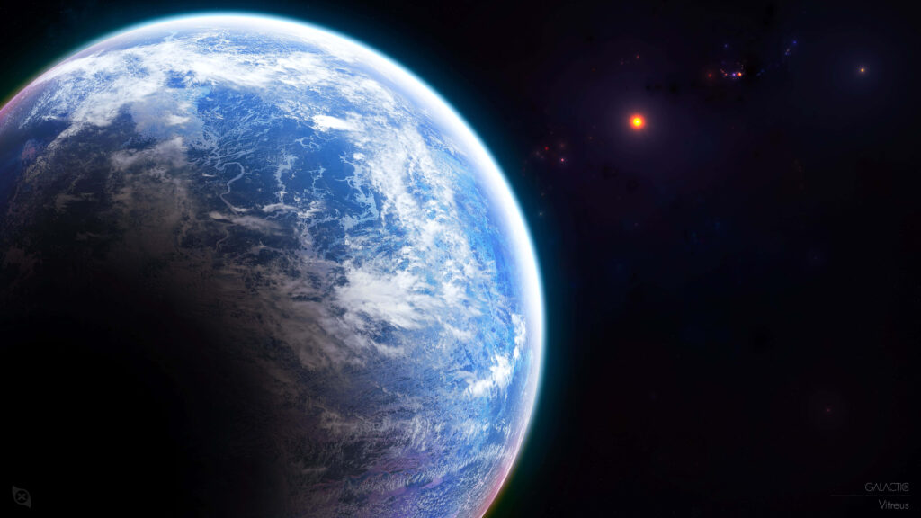 Vibrant Earth-like planet under distant sun, framed by starry space in stunning 8K wallpaper.