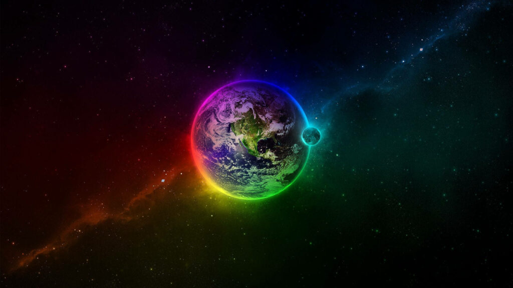 Vibrant Earth in space, surrounded by rainbow colors against a dark starry cosmic backdrop. Wallpaper