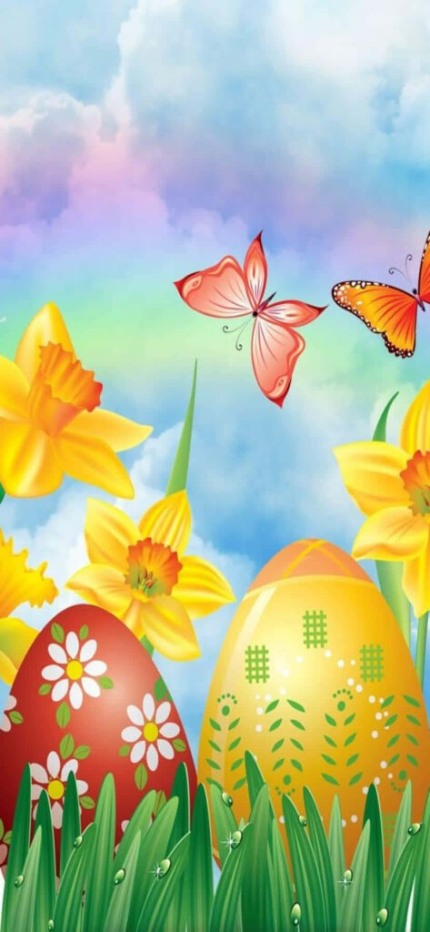 Vibrant Easter Wallpaper: Colorful Eggs, Daffodils & Butterflies