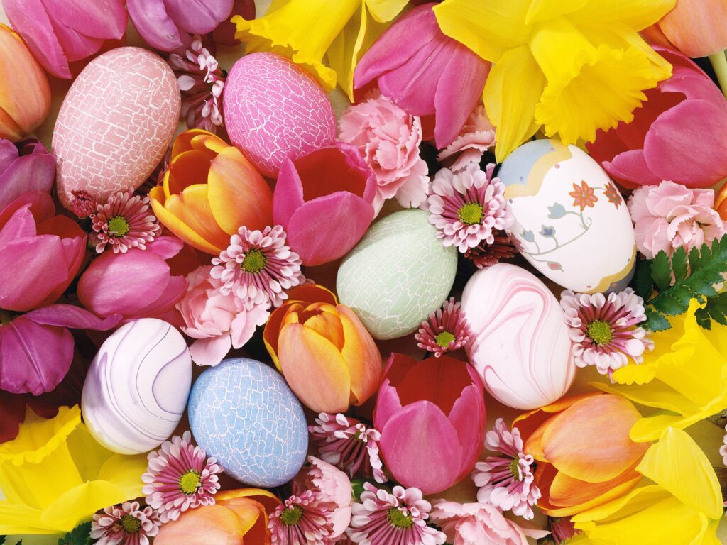 Vibrant Easter Wallpaper: Colorful Eggs & Spring Flowers Background