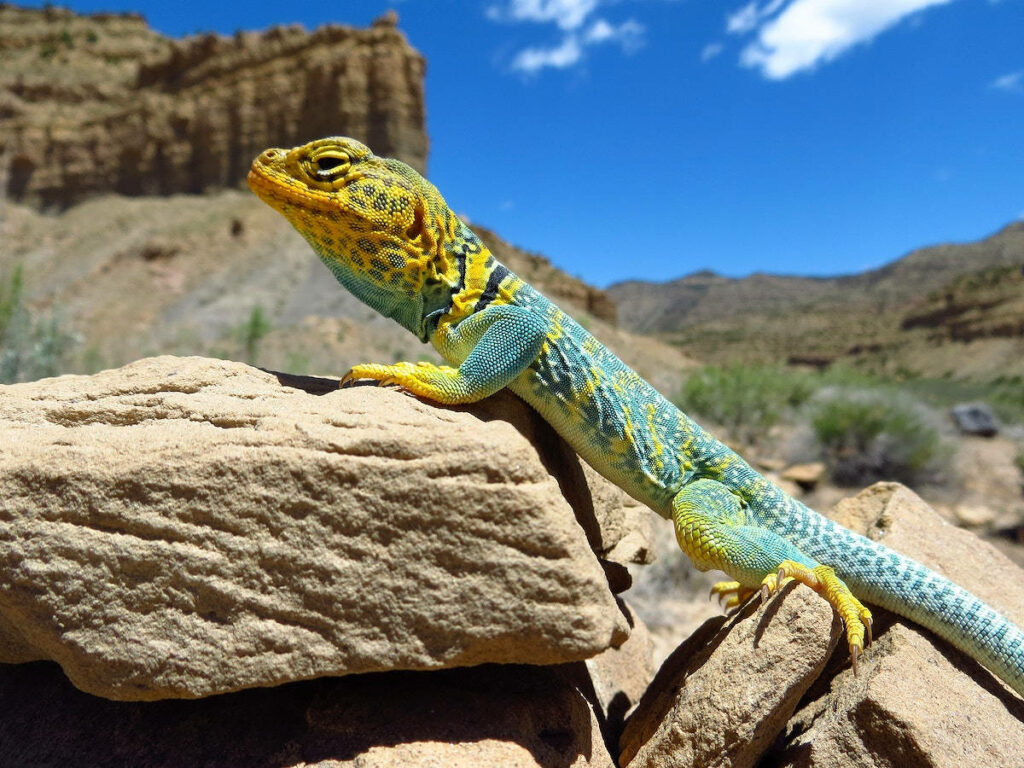 Vibrant Eastern Collared Lizard on Sunlit Rock in Desert Landscape Wallpaper