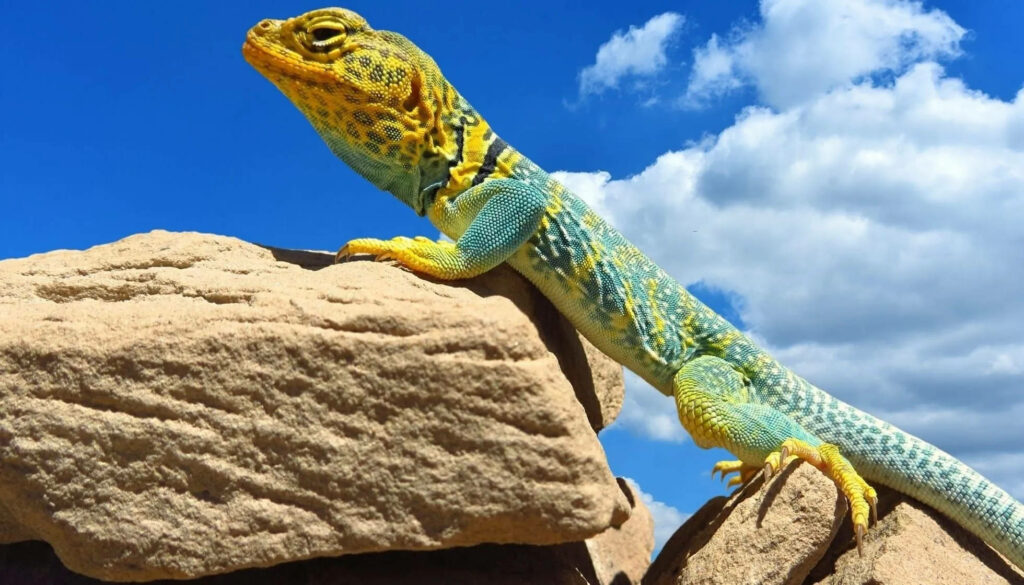 Eastern Collared Lizard with turquoise and yellow patterns sunbathing on rocks under blue sky Wallpaper