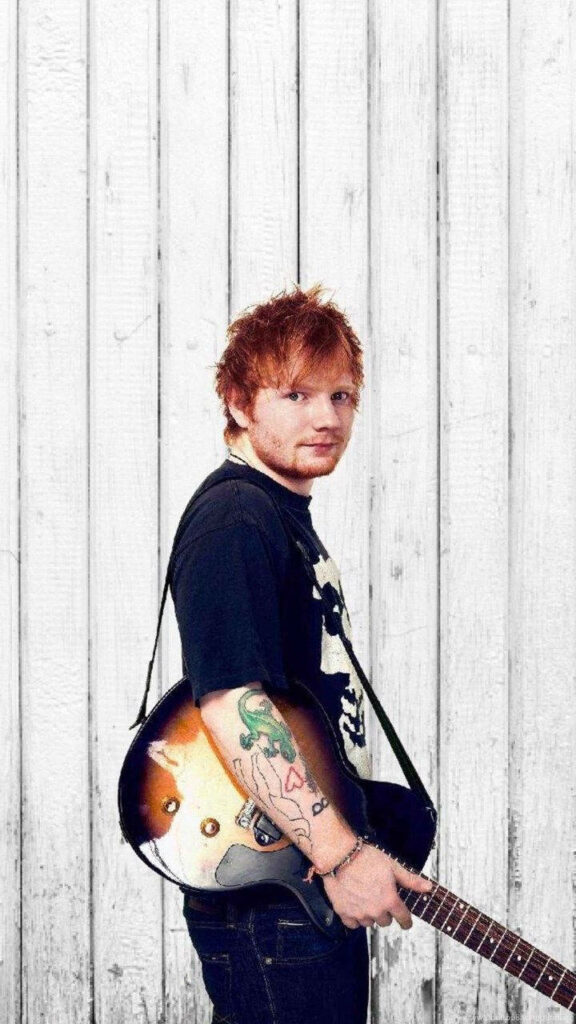 Vibrant Ed Sheeran Wallpaper: Guitar & Rustic Wooden Backdrop