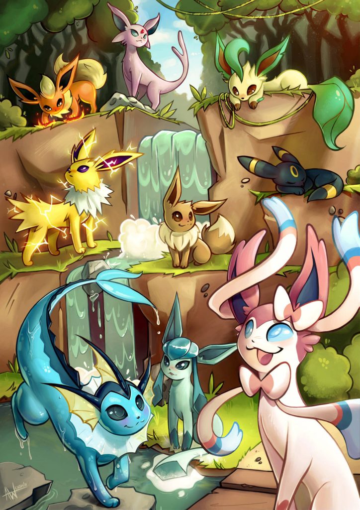 Eevee and full Eeveelution family in sunlit forest with waterfalls colorful Pokémon wallpaper background
