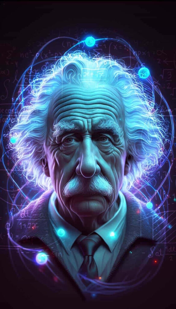 Albert Einstein cosmic mind art wallpaper with glowing energy and scientific formulas background