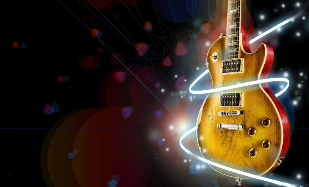 Vibrant Electric Guitar Wallpaper with Colorful Swirling Lights