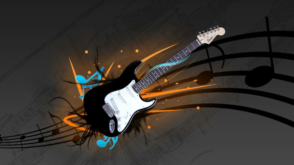 Vibrant Electric Guitar Wallpaper with Musical Notes & Sheet Music