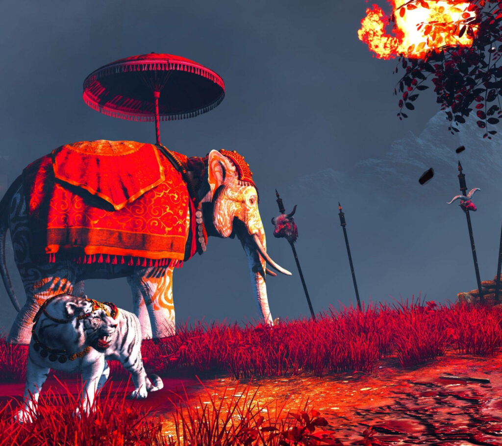 Vibrant Color Blocking: Majestic Elephant with Ritual Attire and Umbrella - A Remarkable Snapshot Wallpaper