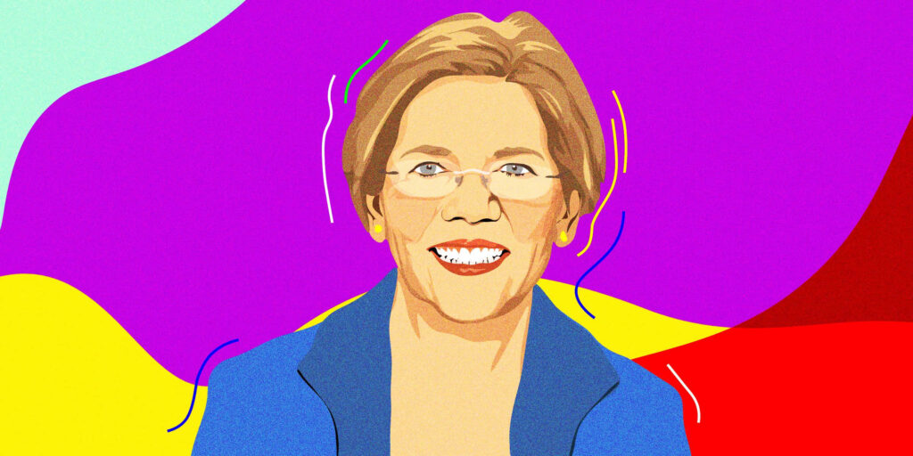 Vibrant Elizabeth Warren portrait wallpaper with bold colors and dynamic purple yellow red turquoise background