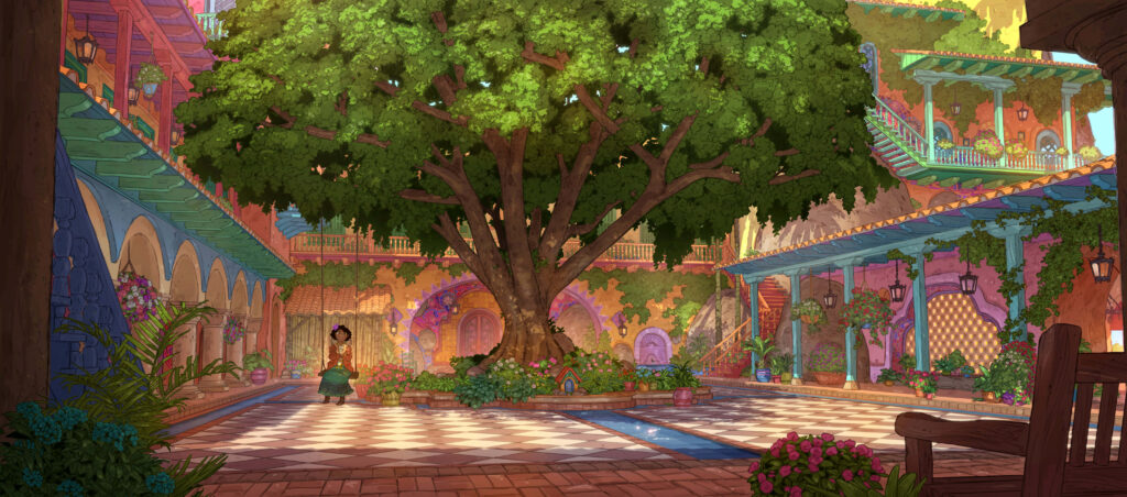 Colorful Encanto Courtyard Wallpaper: Lush, Magical Atmosphere