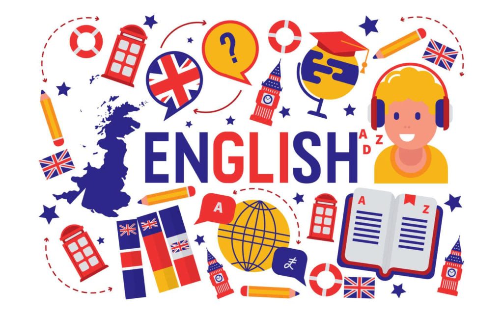 Colorful English learning wallpaper with Big Ben red phone booths Union Jack and education icons