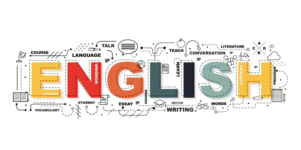Vibrant English wallpaper with multicolored letters and educational doodles of language and literature