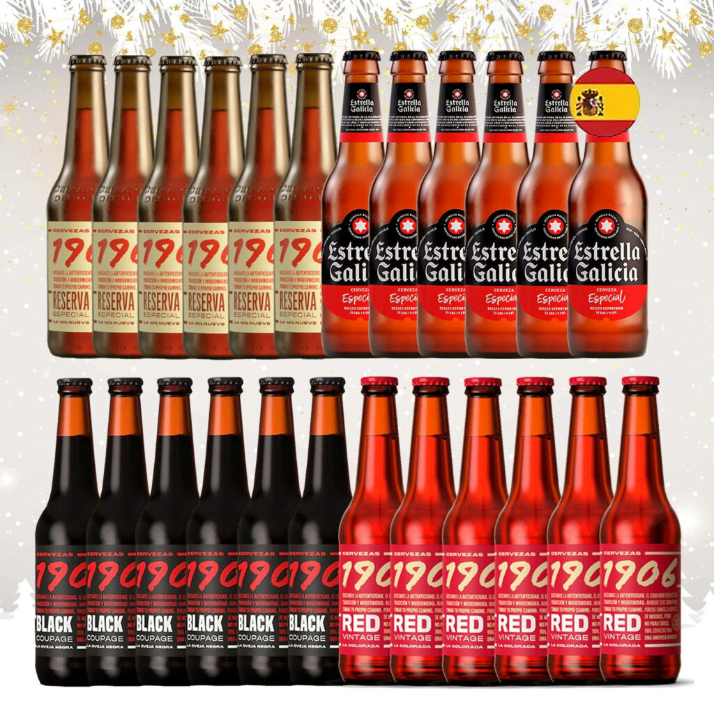 Vibrant wallpaper of Estrella Galicia and assorted beers with elegant amber black and red bottles aligned