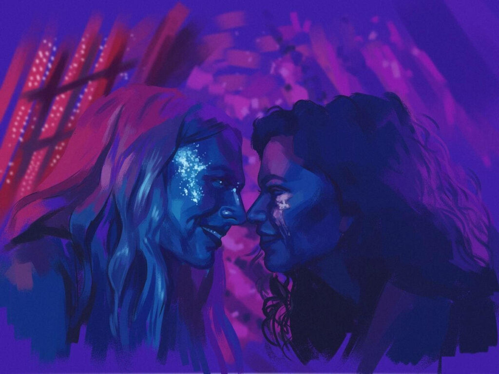 Vibrant Euphoria Wallpaper: Rue & Jules in Glowing Neon Art