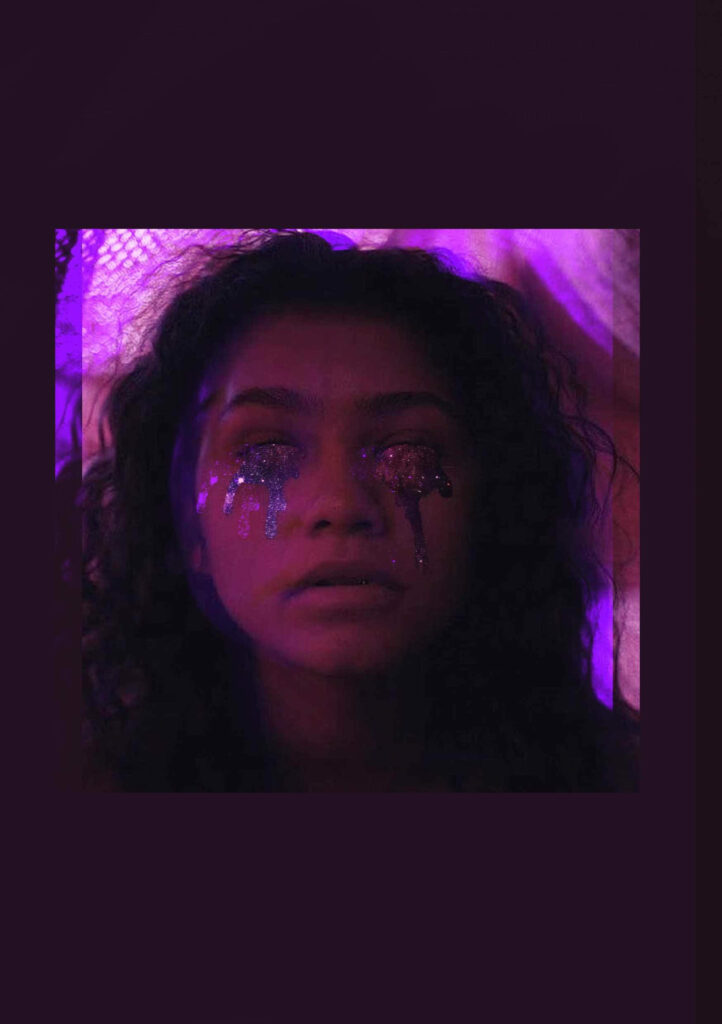 Vibrant Euphoria Wallpaper: Rue with Glitch Effect & Glittering Tears