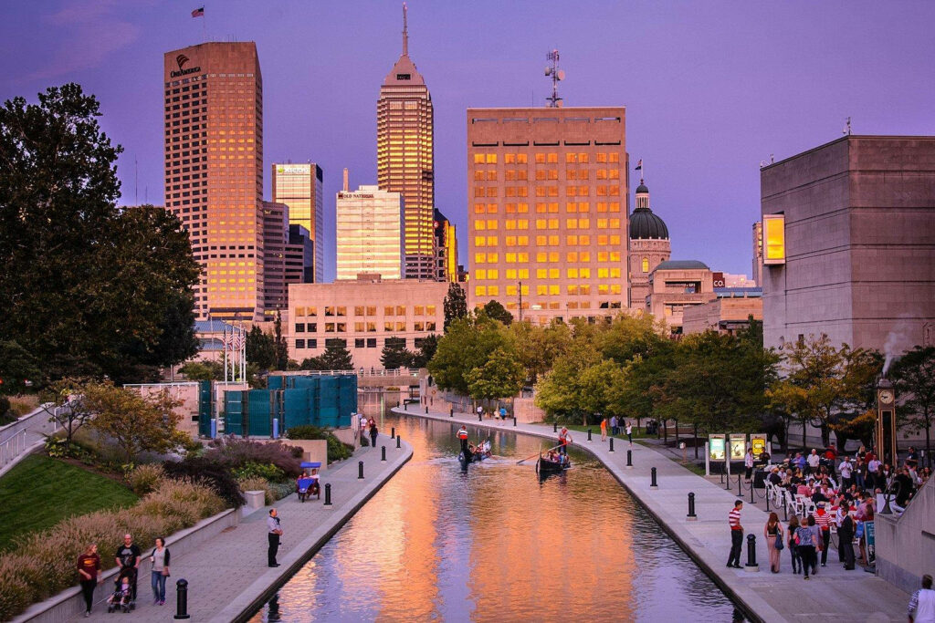 Vibrant Indianapolis Canal Walk Evening Scene | Sunset Wallpaper