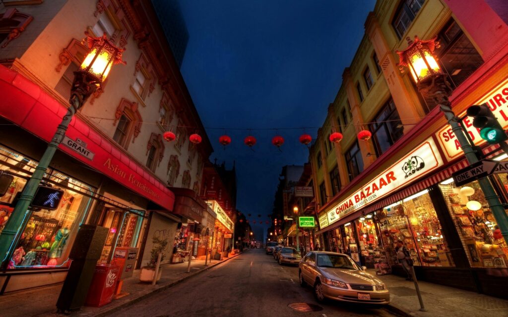 Charming Evening Street Scene in China: Colorful Lanterns & Shops Wallpaper