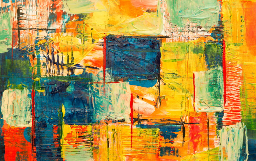 Vibrant 4K abstract expressionism wallpaper with bold impasto brushstrokes in blue yellow red and green