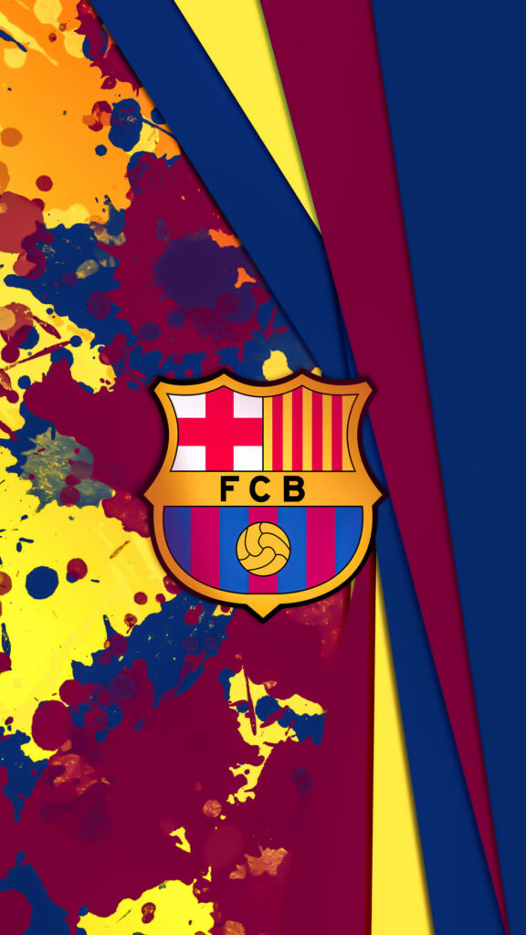 FC Barcelona logo centered with yellow red blue paint splatters and bold striped background wallpaper
