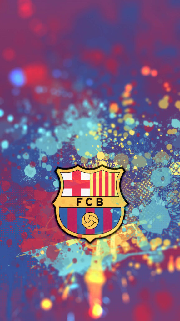 FC Barcelona crest on colorful paint splatter background vibrant wallpaper energy spirit