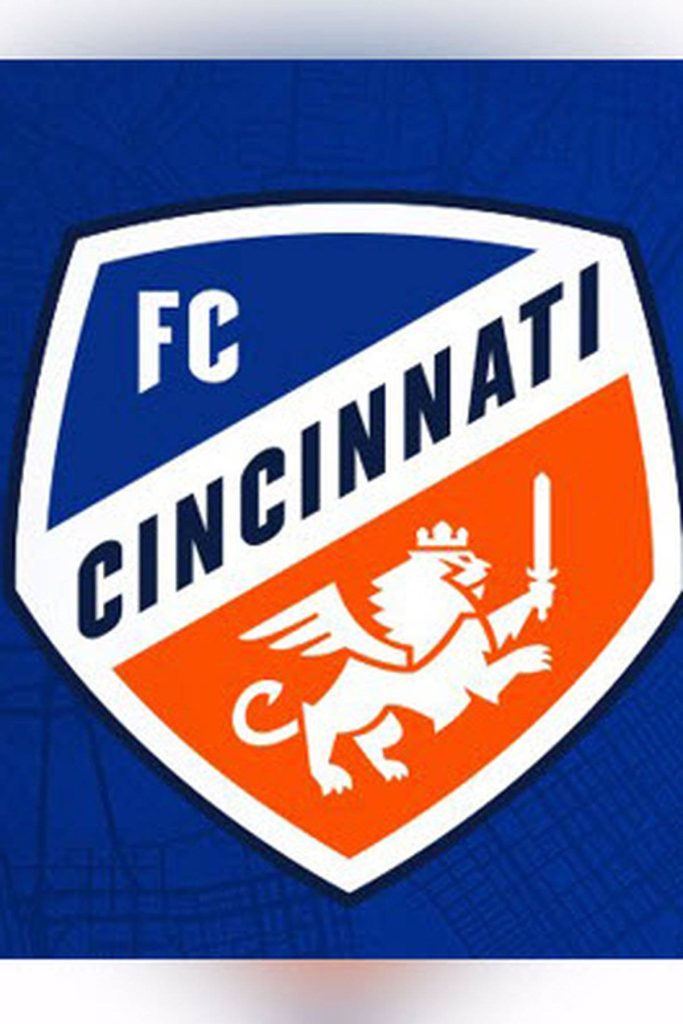 FC Cincinnati logo wallpaper with crowned lion sword shield on blue city map background