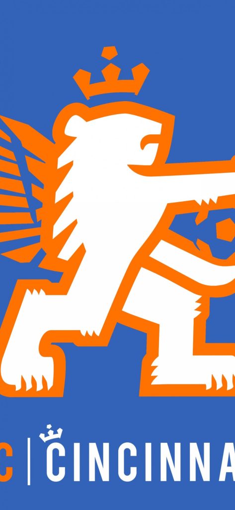FC Cincinnati wallpaper with white orange winged lion crest on vibrant blue background soccer pride