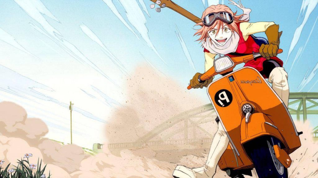 Haruko Haruhara riding orange Vespa in vibrant sunlit FLCL anime style wallpaper background