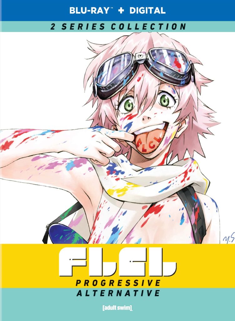 Vibrant FLCL anime wallpaper of Hidomi Hibajiri with pink hair goggles showing FLCL logo tongue