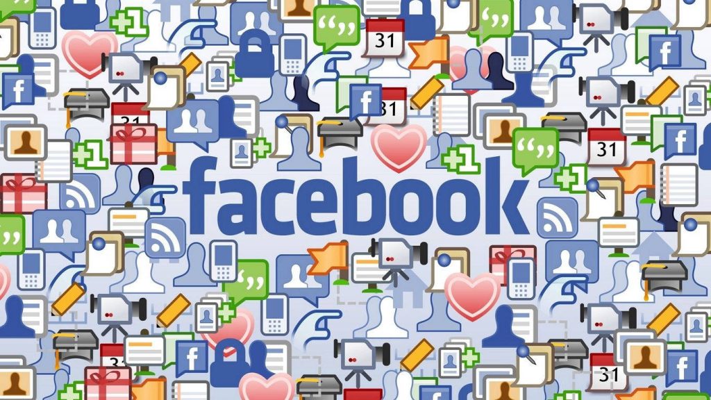 Facebook logo surrounded by colorful social media icons hearts gifts and notifications on blue background Wallpaper