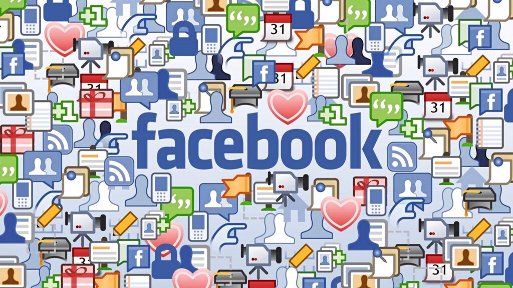 Vibrant Facebook wallpaper with colorful social media icons and notifications around bold logo