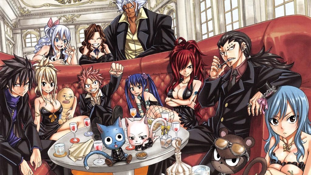 Vibrant Fairy Tail Wallpaper: Stylish Characters in Luxurious Setting
