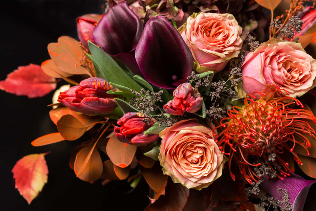 Vibrant Fall Flowers Wallpaper: Roses, Tulips & Autumn Leaves