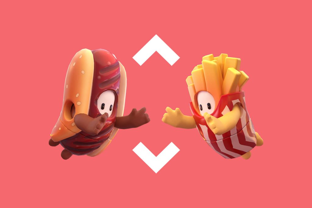 Fall Guys wallpaper with Hotdog and Fries skins diving on pink background with chevron shapes