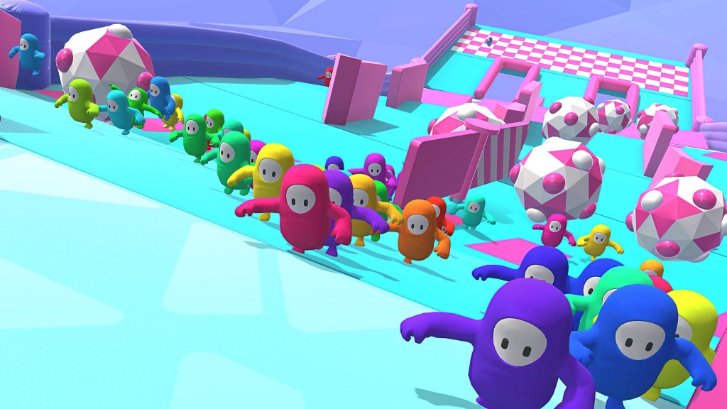 Fall Guys Ultimate Knockout 3D wallpaper colorful jellybean characters racing on cyan track