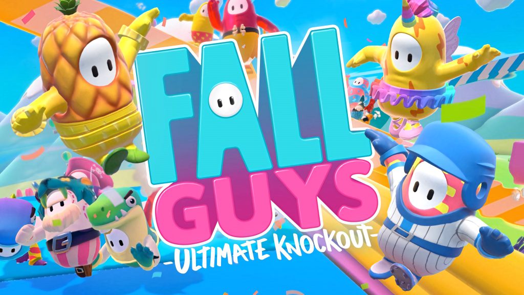 Fall Guys wallpaper with colorful 3D bean characters in costumes tumbling under vibrant logo