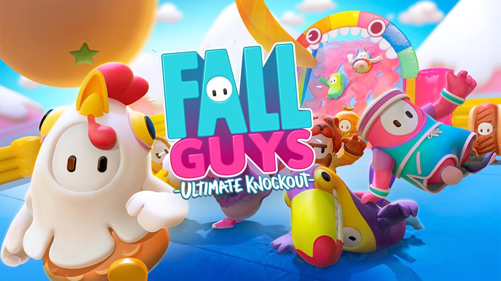 Fall Guys Ultimate Knockout wallpaper colorful jellybean characters chicken toucan hot dog skins background